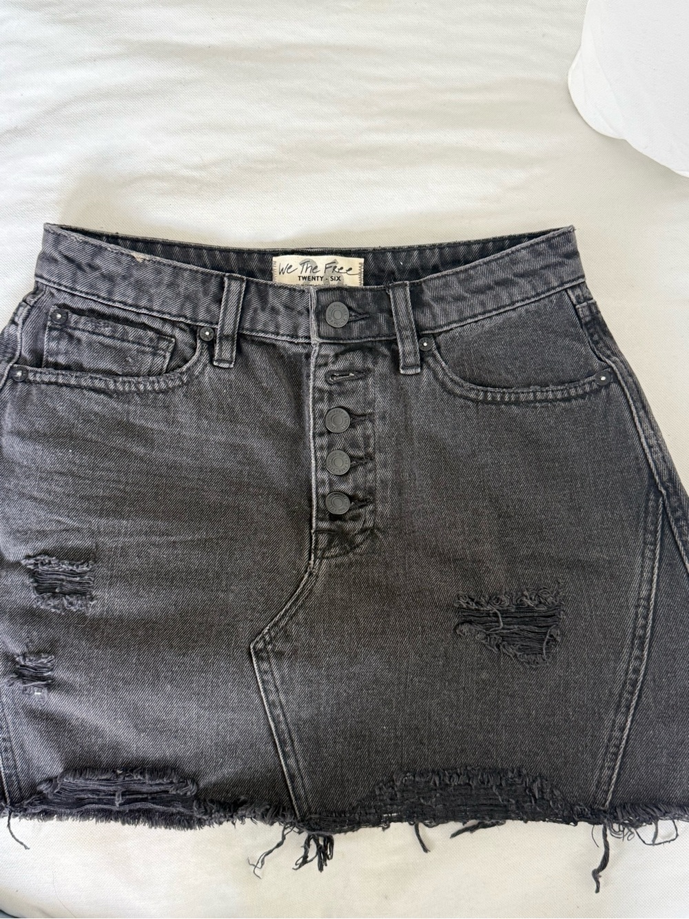We The Free Black Distressed Button-Front Denim Mini Skirt